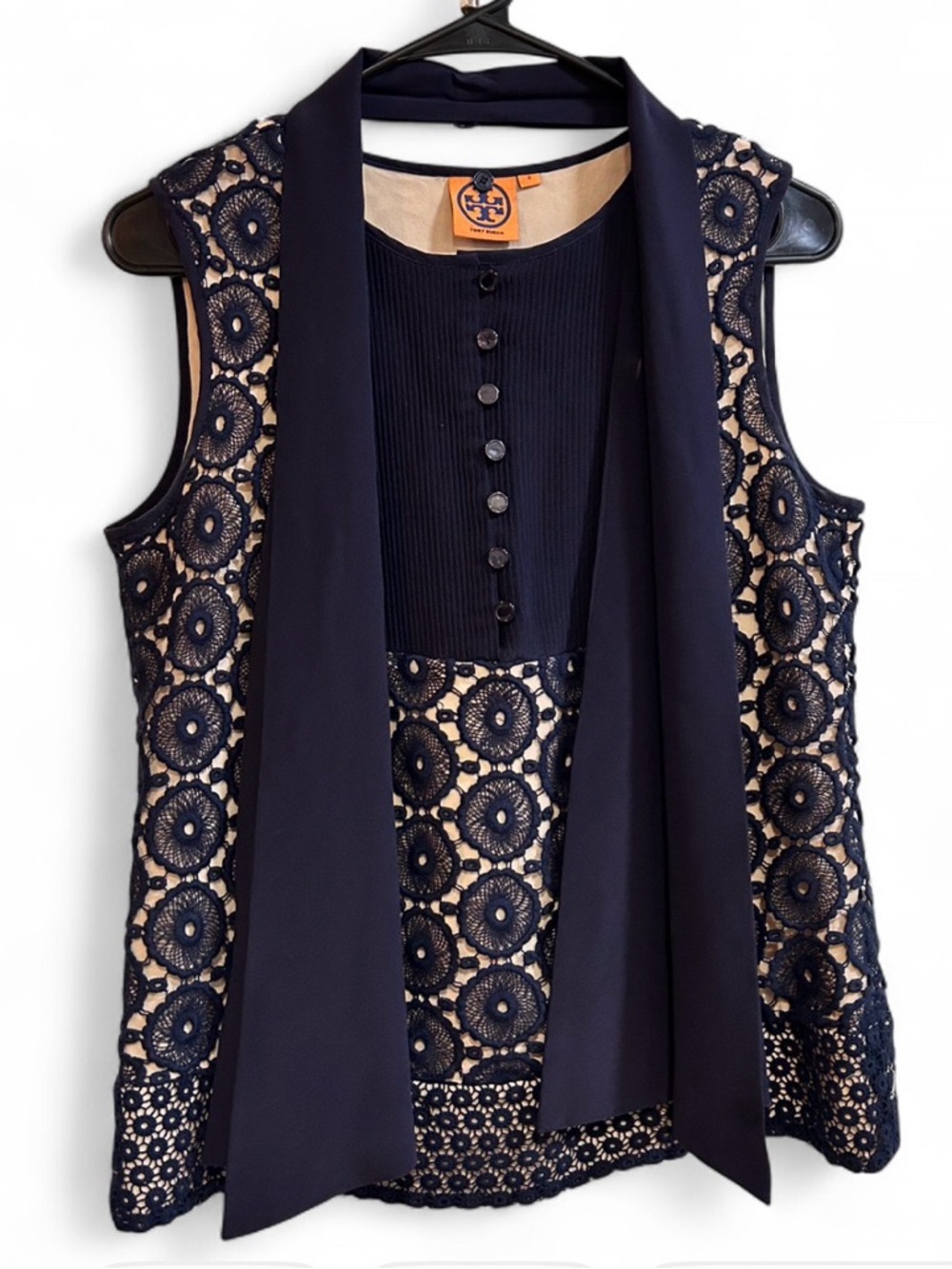 Tory Burch Navy Lace Sleeveless Blouse with Neck Tie
